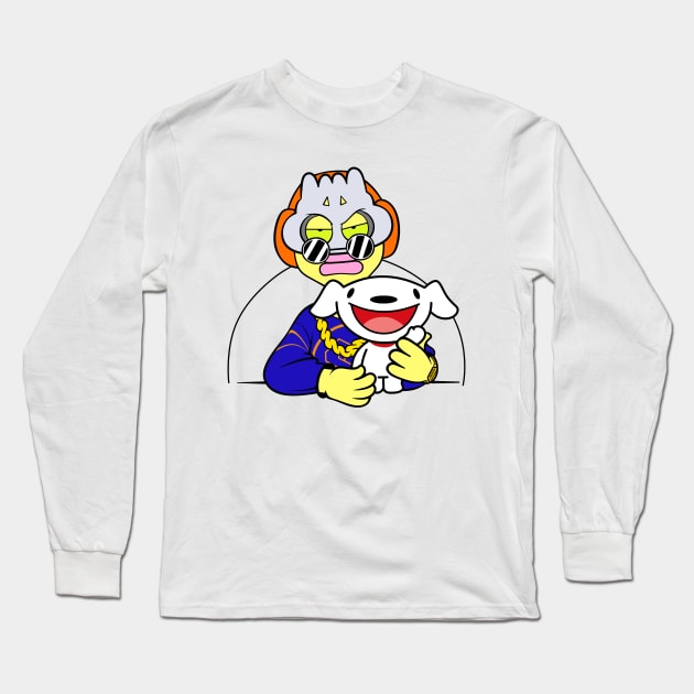 Dope Slluks character with his dog posing illustration Long Sleeve T-Shirt by slluks_shop